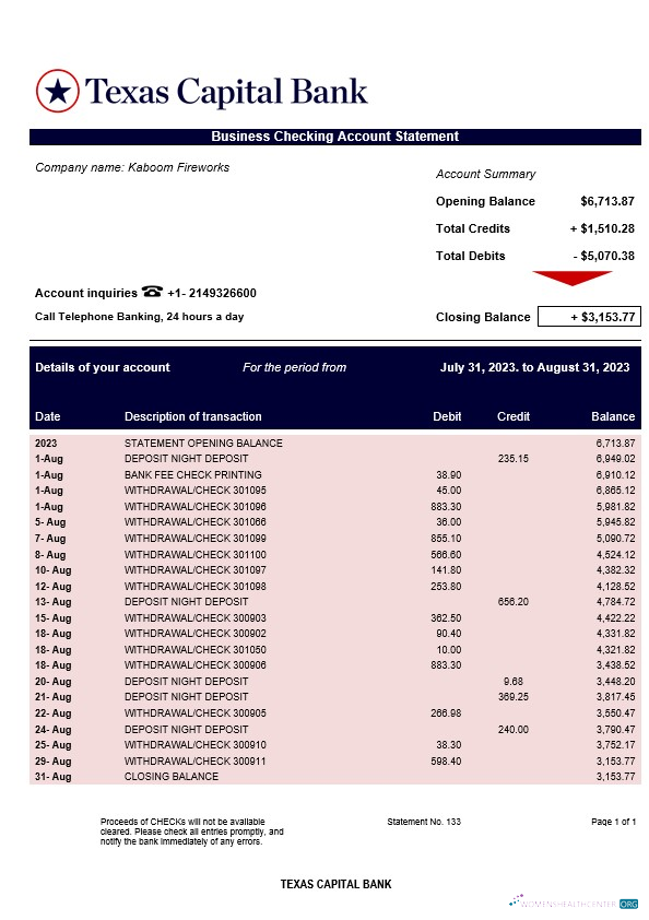 Download Texas Capital Bank company account statement Word and PDF template Photoshop template